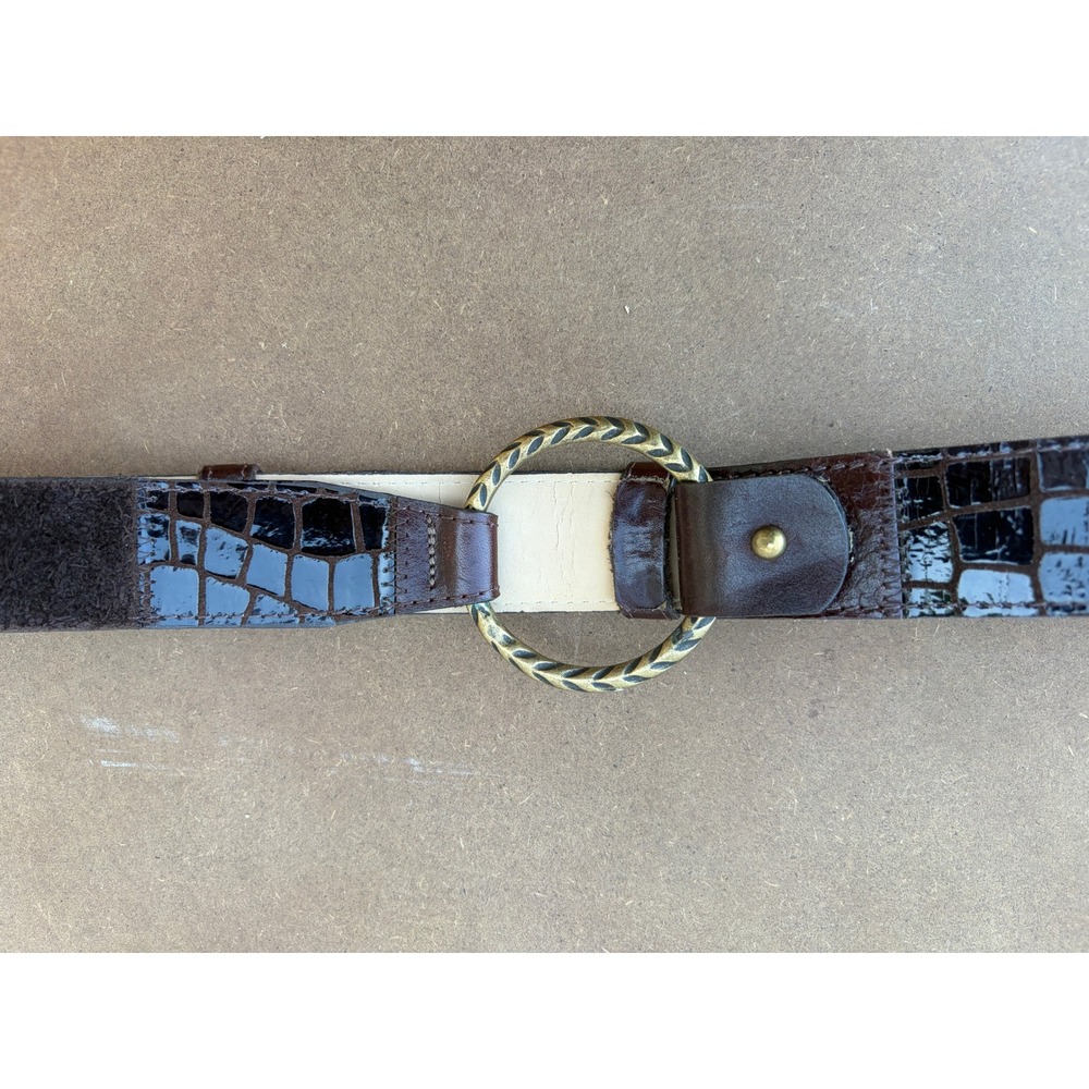 Vintage Brown Leather Croc Embossed Wide Western Belt Brass O-Ring Buckle Small - Picture 5 of 5